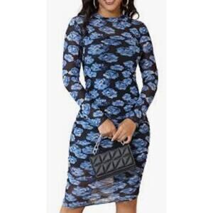 Blue Floral Sheer Long Sleeve Knee Length Pull-Over Stretch Dress.